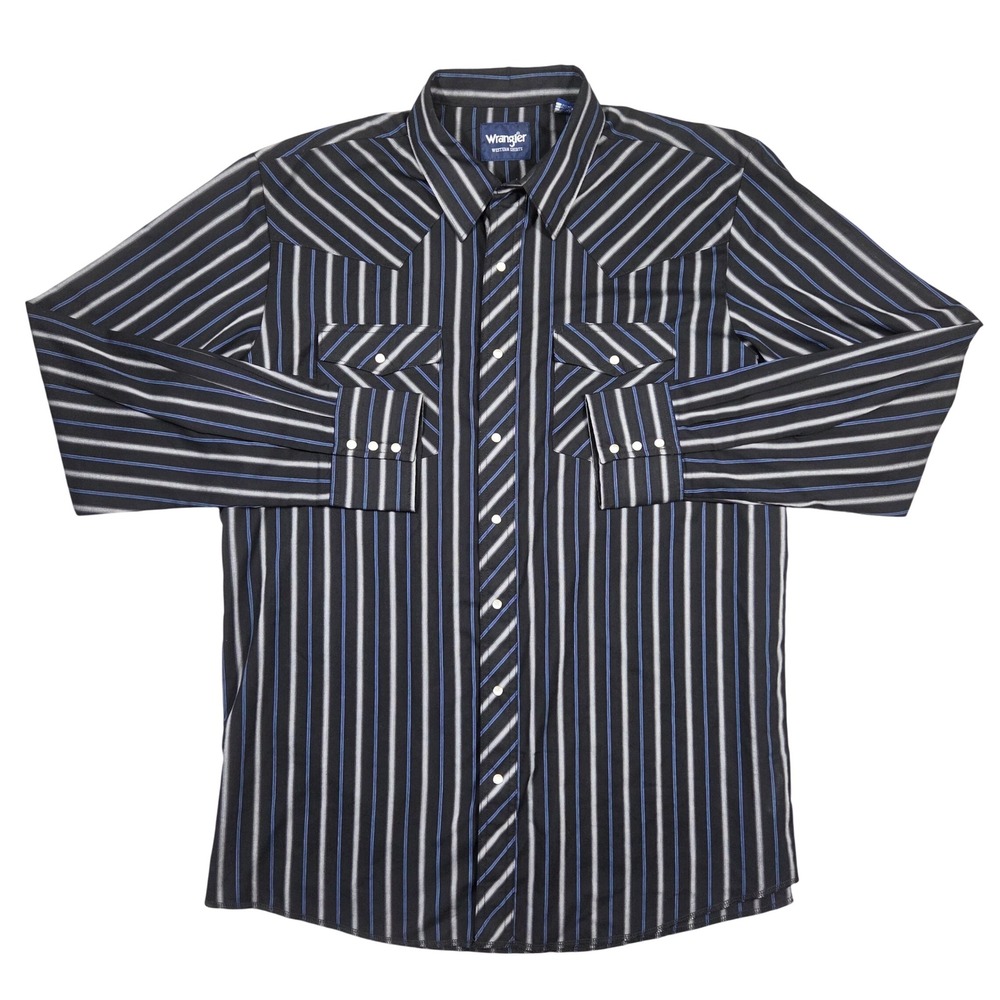 Wrangler Western Brushpopper Shirt Mens XLT Black Striped Pearl Snap Long Sleeve